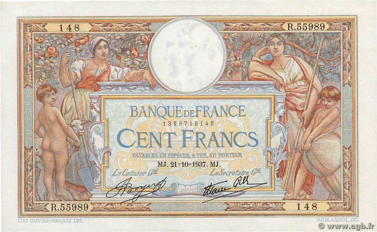 100 Francs LUC OLIVIER MERSON type modifié FRANKREICH  1937 F.25.03 fVZ