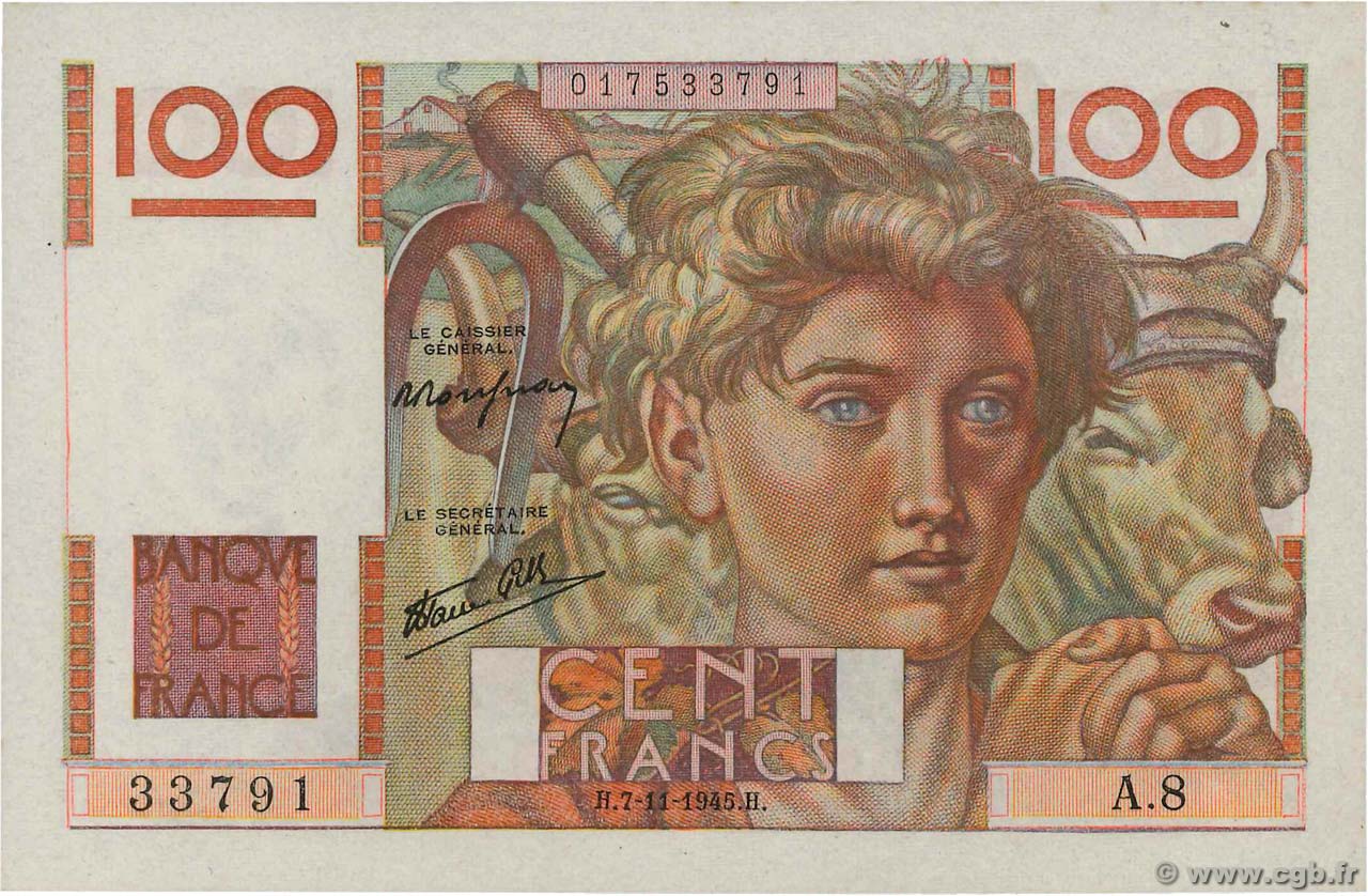100 Francs JEUNE PAYSAN FRANCIA  1945 F.28.01
 AU