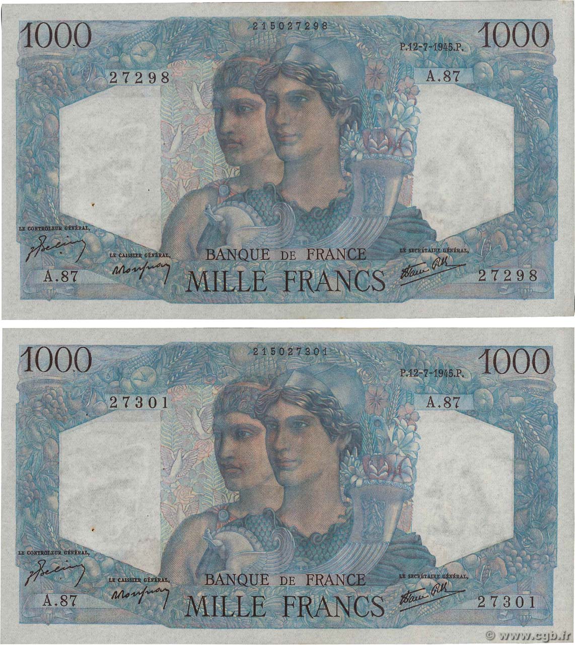 1000 Francs MINERVE ET HERCULE FRANKREICH  1945 F.41.06 VZ+