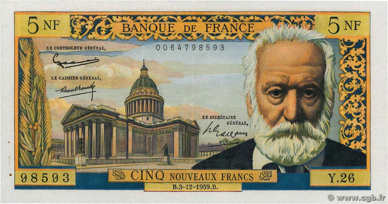 5 Nouveaux Francs VICTOR HUGO FRANKREICH  1959 F.56.04 fVZ