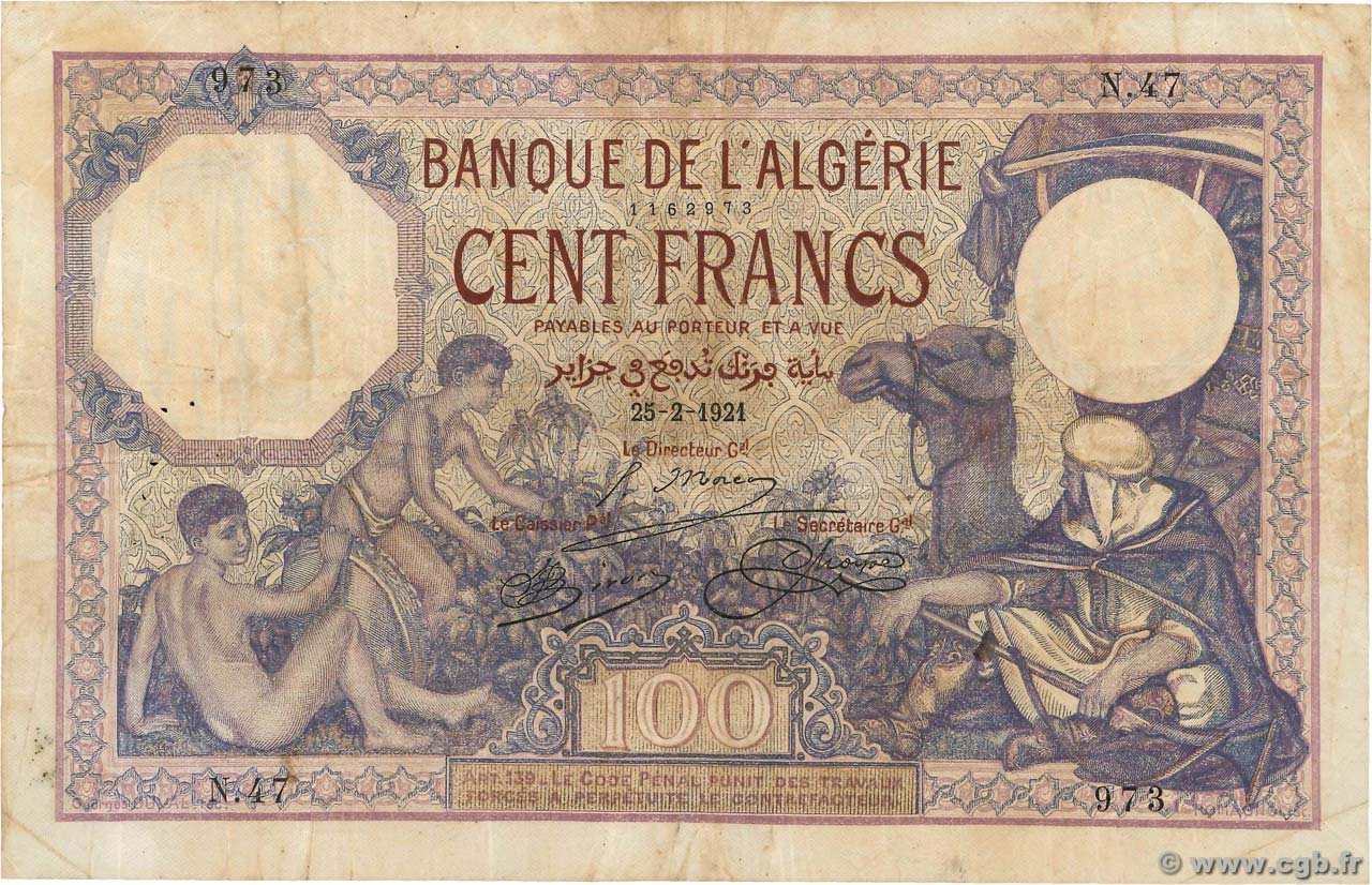 100 Francs ALGÉRIE  1921 P.081a TB+