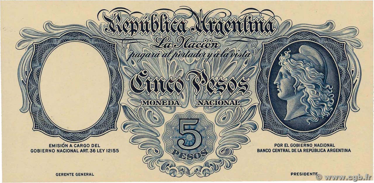 5 Pesos Épreuve ARGENTINA  1930 P.249B AU