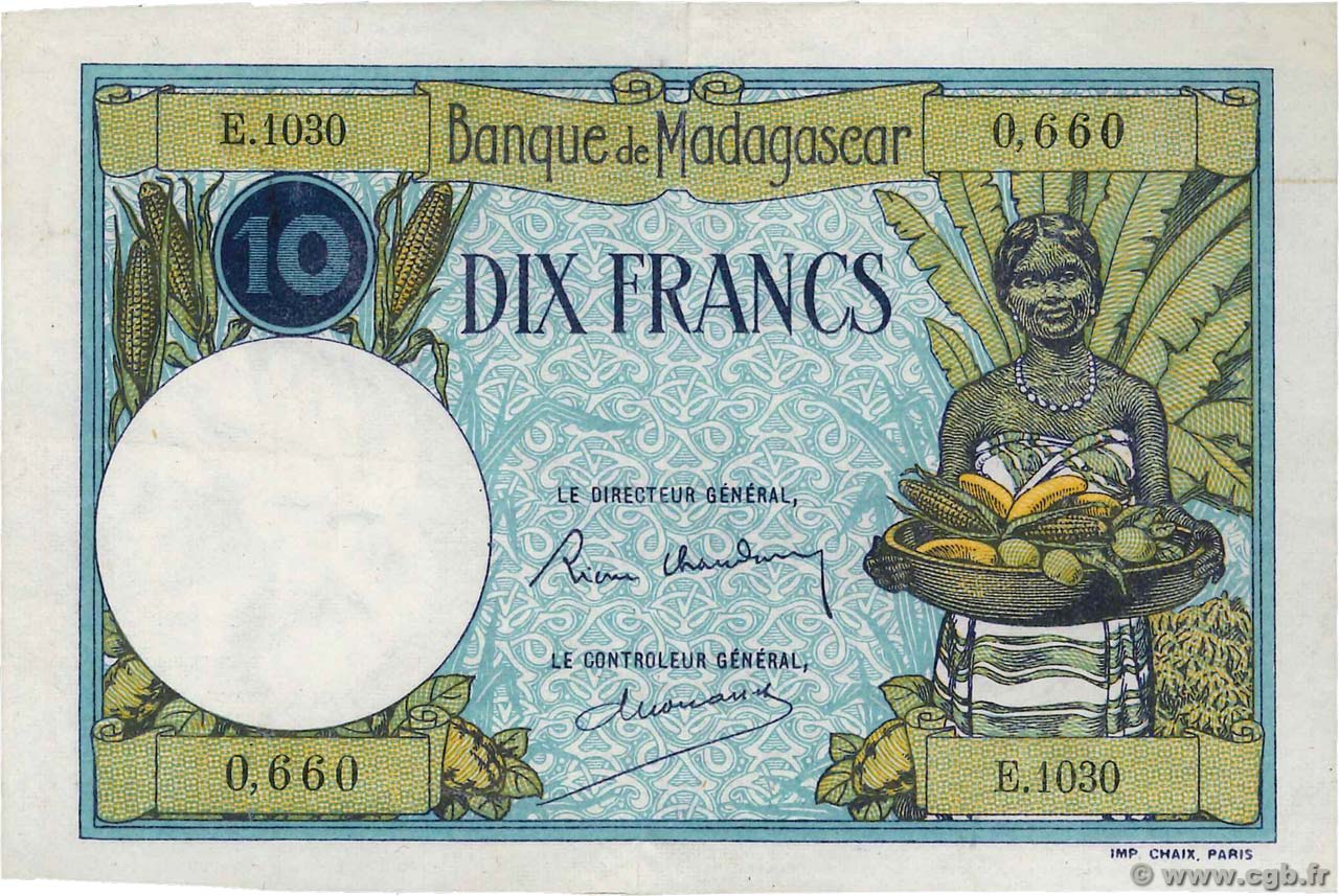 10 Francs Numéro radar MADAGASCAR  1937 P.036 EBC