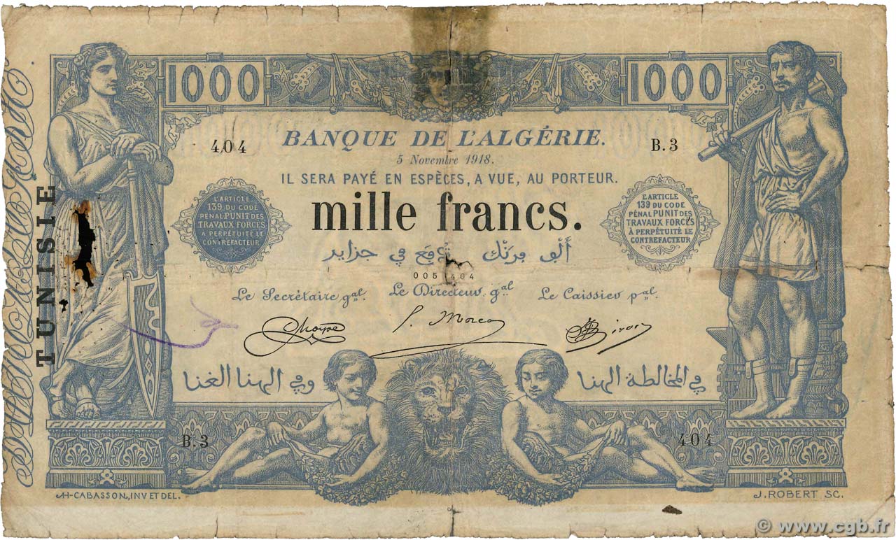 1000 Francs TUNISIA  1918 P.07a G