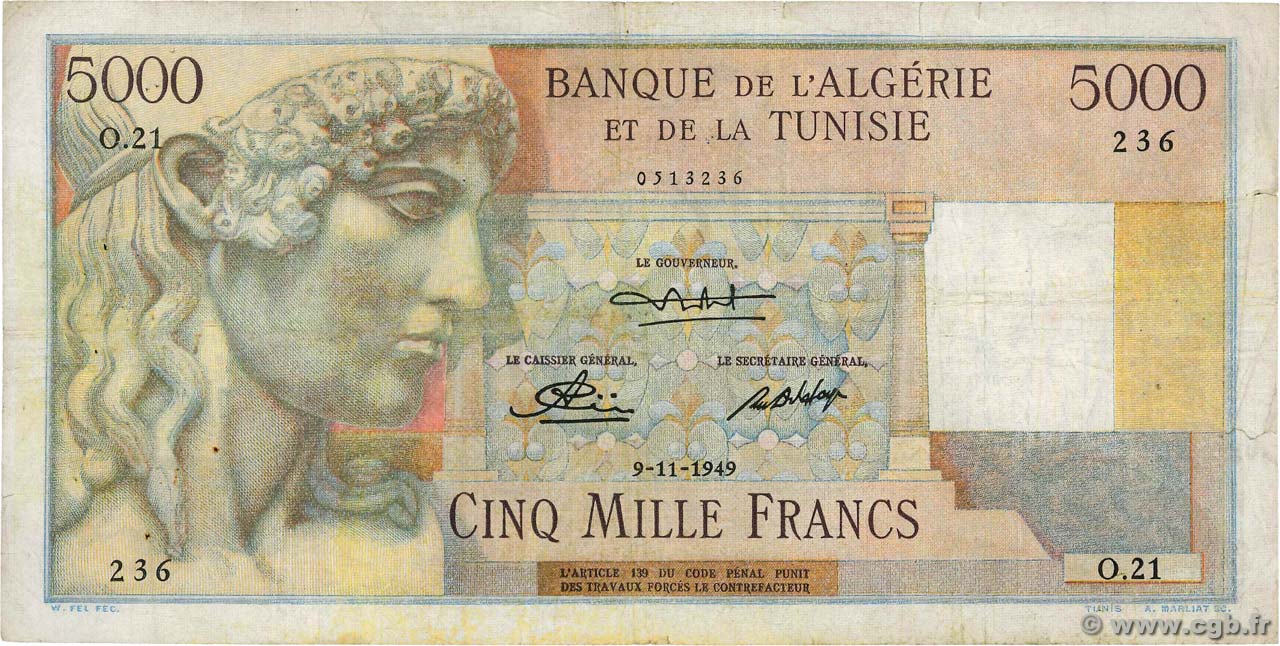 5000 Francs TUNISIA  1949 P.27 F+