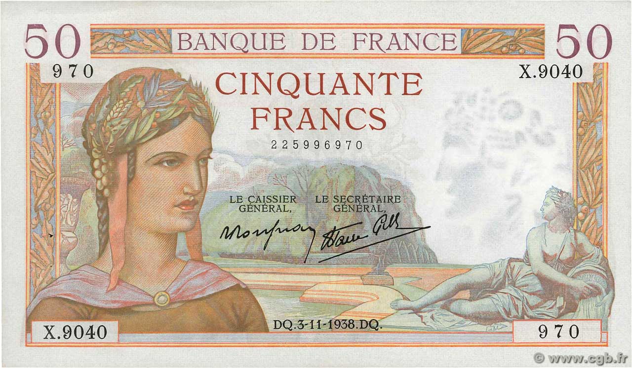 50 Francs CÉRÈS modifié FRANCE  1938 F.18.18 AU