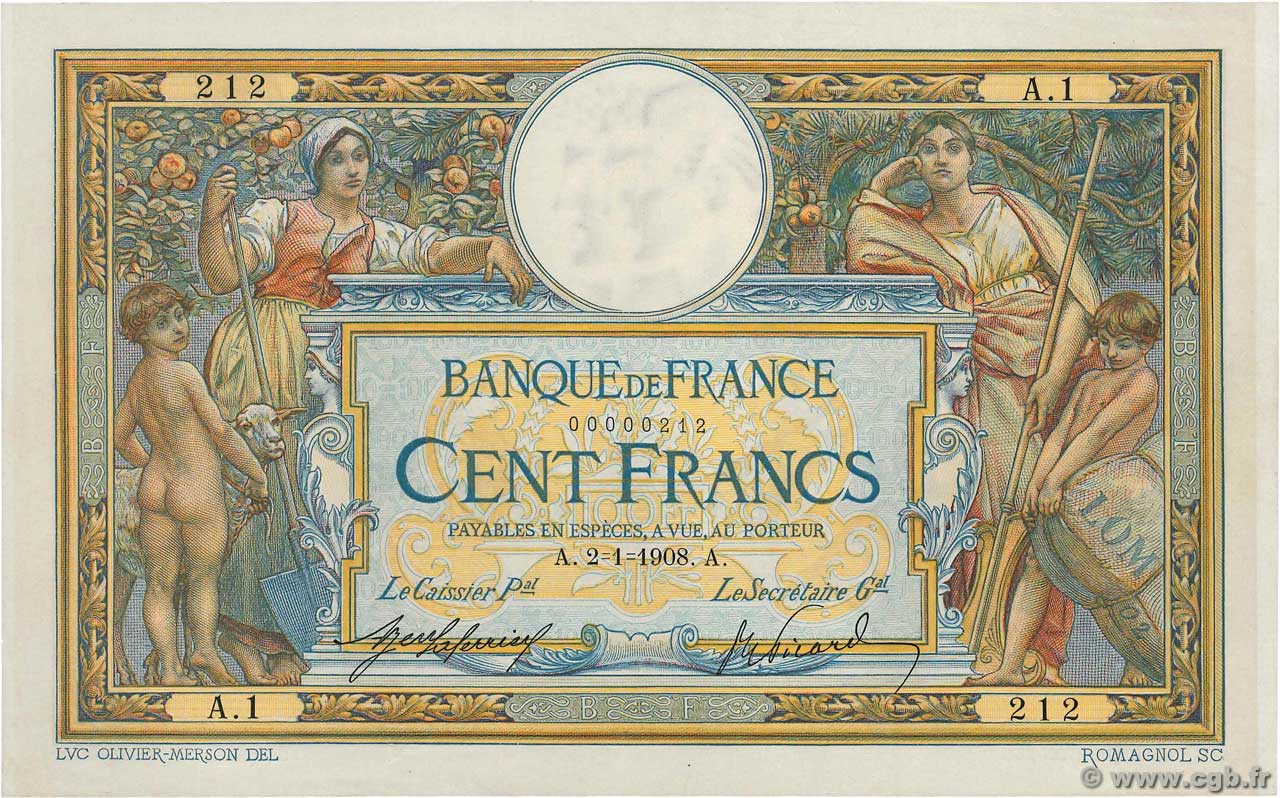 100 Francs LUC OLIVIER MERSON avec LOM Petit numéro FRANCIA  1908 F.22.01A1 q.FDC