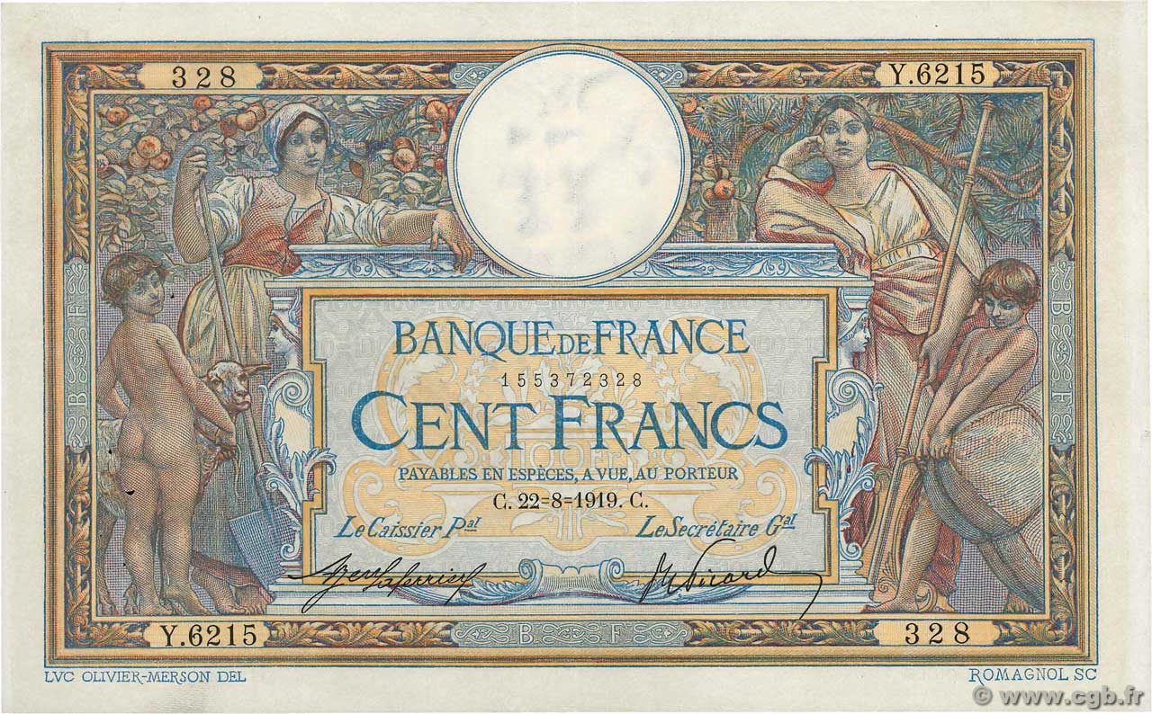 100 Francs LUC OLIVIER MERSON sans LOM FRANCIA  1919 F.23.11 SPL