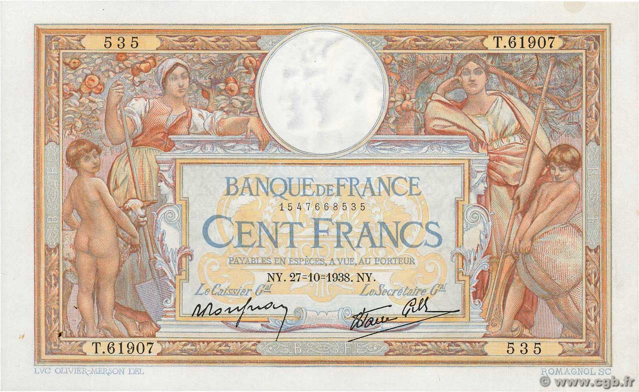 100 Francs LUC OLIVIER MERSON type modifié FRANCE  1938 F.25.33 SUP+