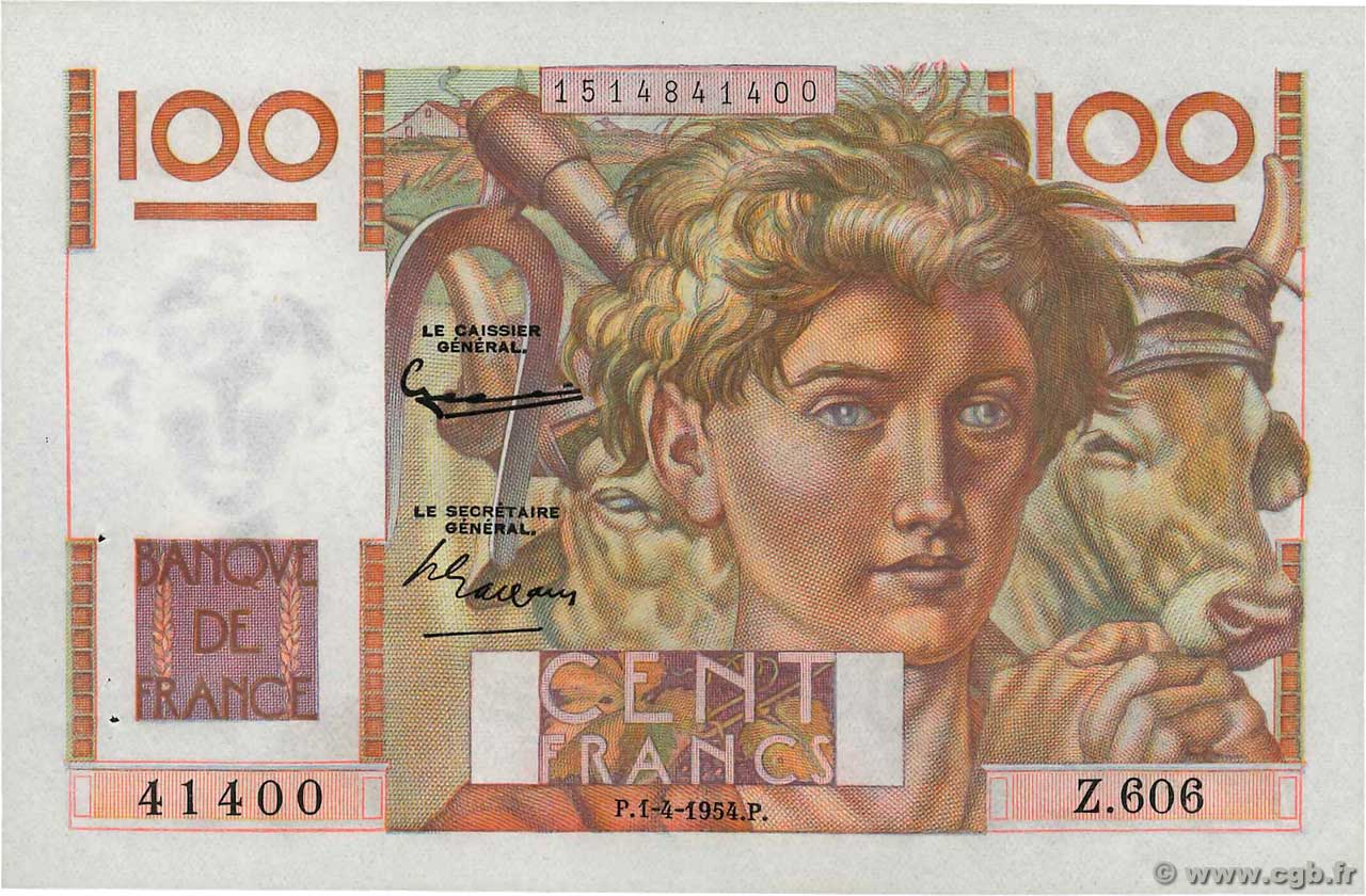 100 Francs JEUNE PAYSAN Grand numéro FRANKREICH  1954 F.28.43a fST