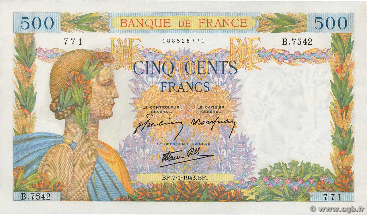 500 Francs LA PAIX FRANCE  1943 F.32.44 NEUF