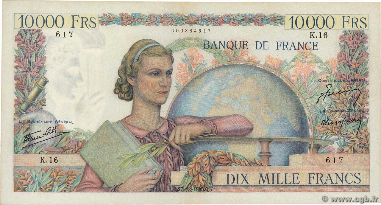 10000 Francs GÉNIE FRANÇAIS FRANCE  1945 F.50.01 SUP