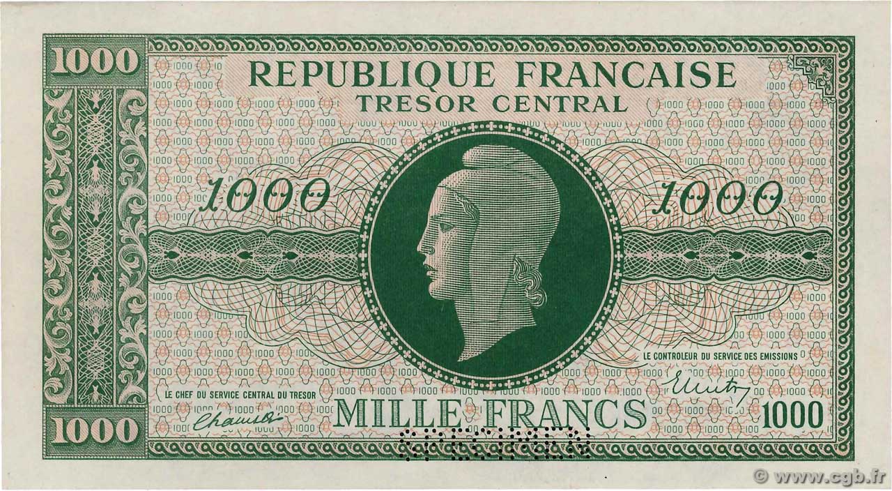 1000 Francs MARIANNE BANQUE D ANGLETERRE Spécimen FRANKREICH  1945 VF.12.00Sp ST
