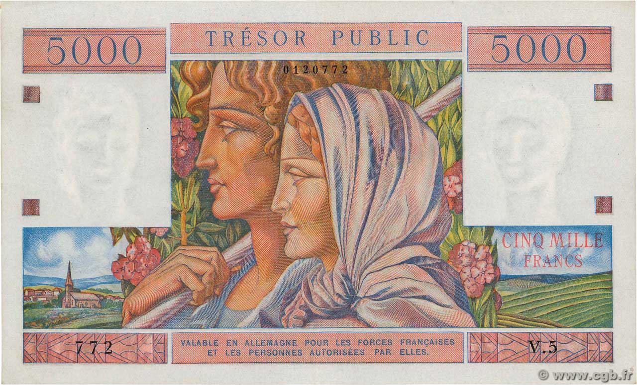 5000 Francs TRÉSOR PUBLIC FRANCE  1955 VF.36.01 AU-