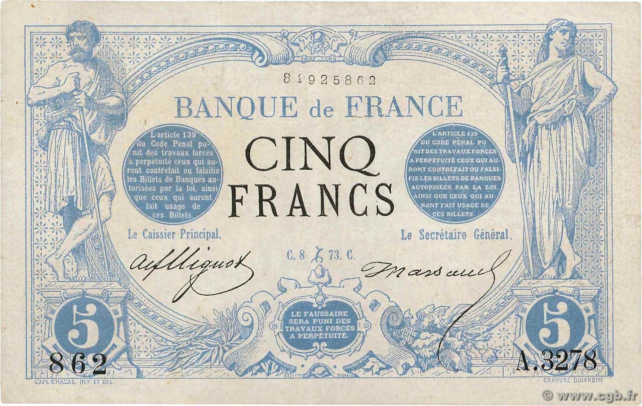 5 Francs NOIR FRANCE  1873 F.01.24 pr.SUP