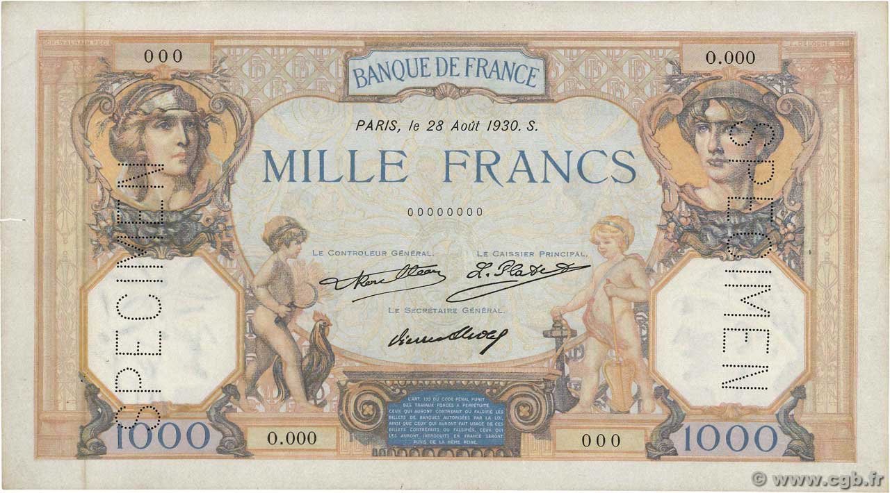 1000 Francs CÉRÈS ET MERCURE Spécimen FRANCIA  1930 F.37.05Sp SPL+