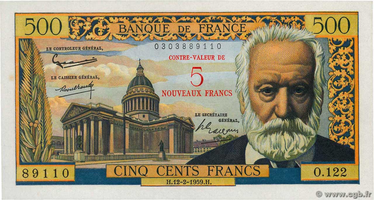 5 NF sur 500 Francs Victor HUGO Grand numéro FRANCIA  1959 F.52.02 EBC+