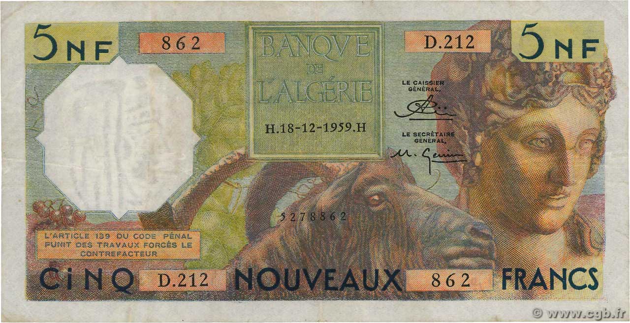 5 Nouveaux Francs ALGÉRIE  1959 P.118a pr.TTB