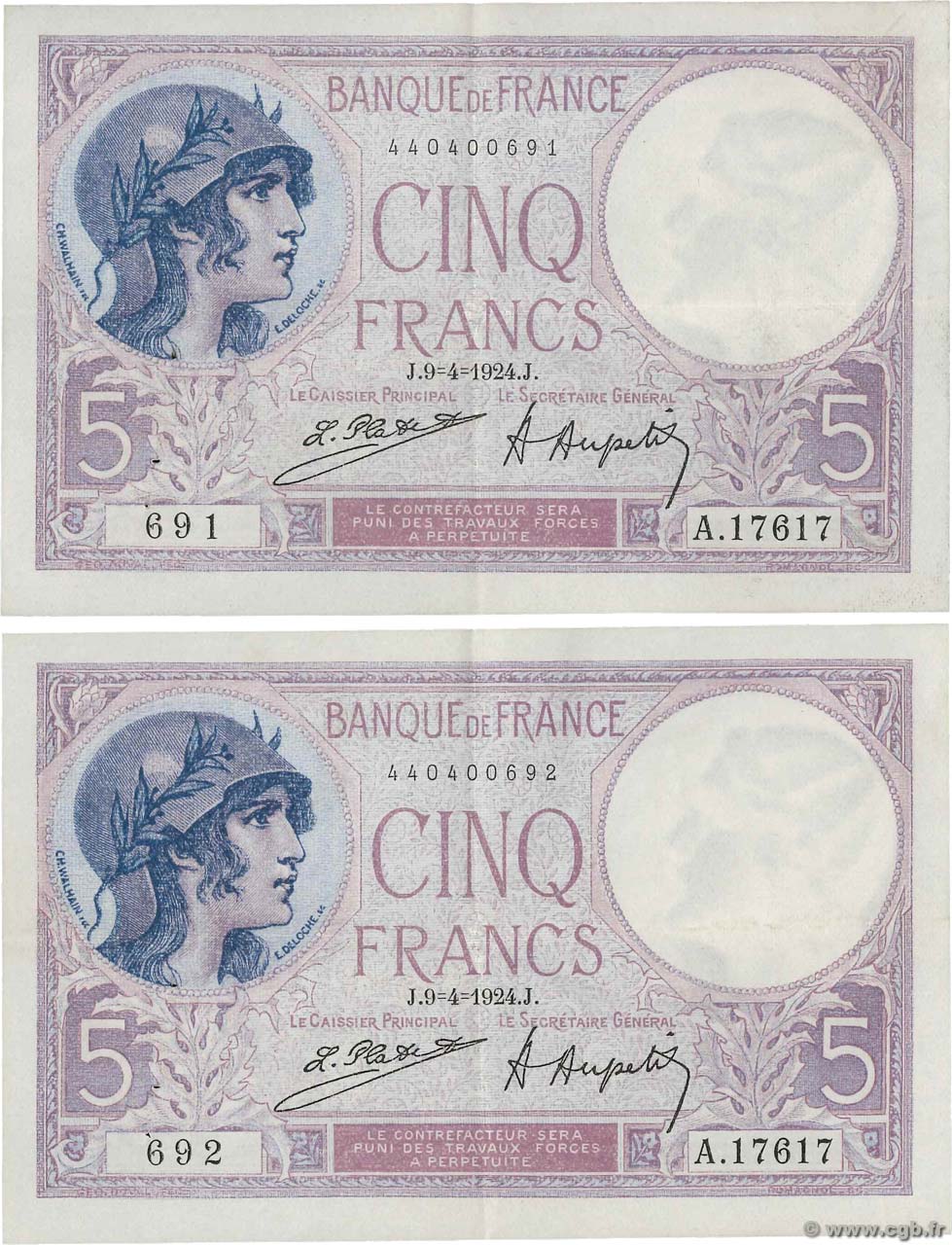 5 Francs FEMME CASQUÉE Consécutifs FRANCE  1924 F.03.08 pr.SUP