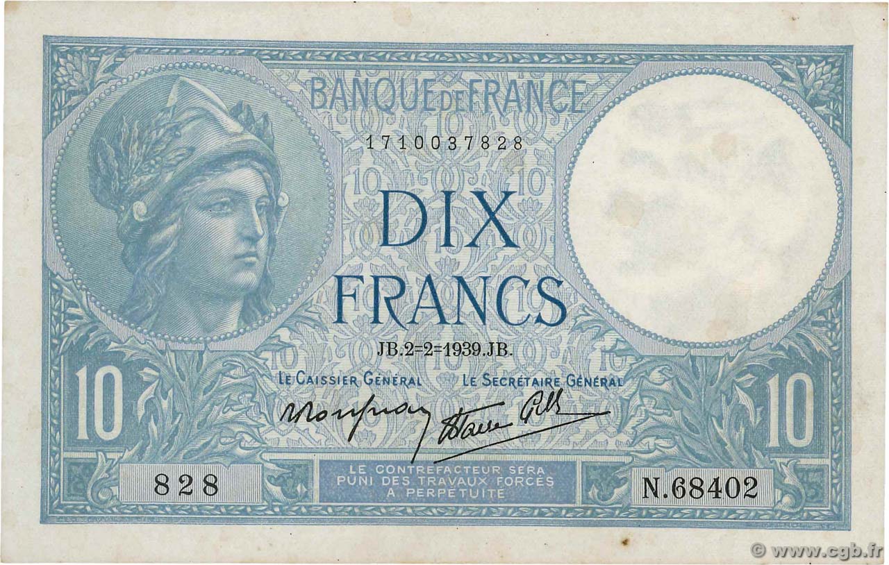 10 Francs MINERVE modifié FRANCE  1939 F.07.01 XF+