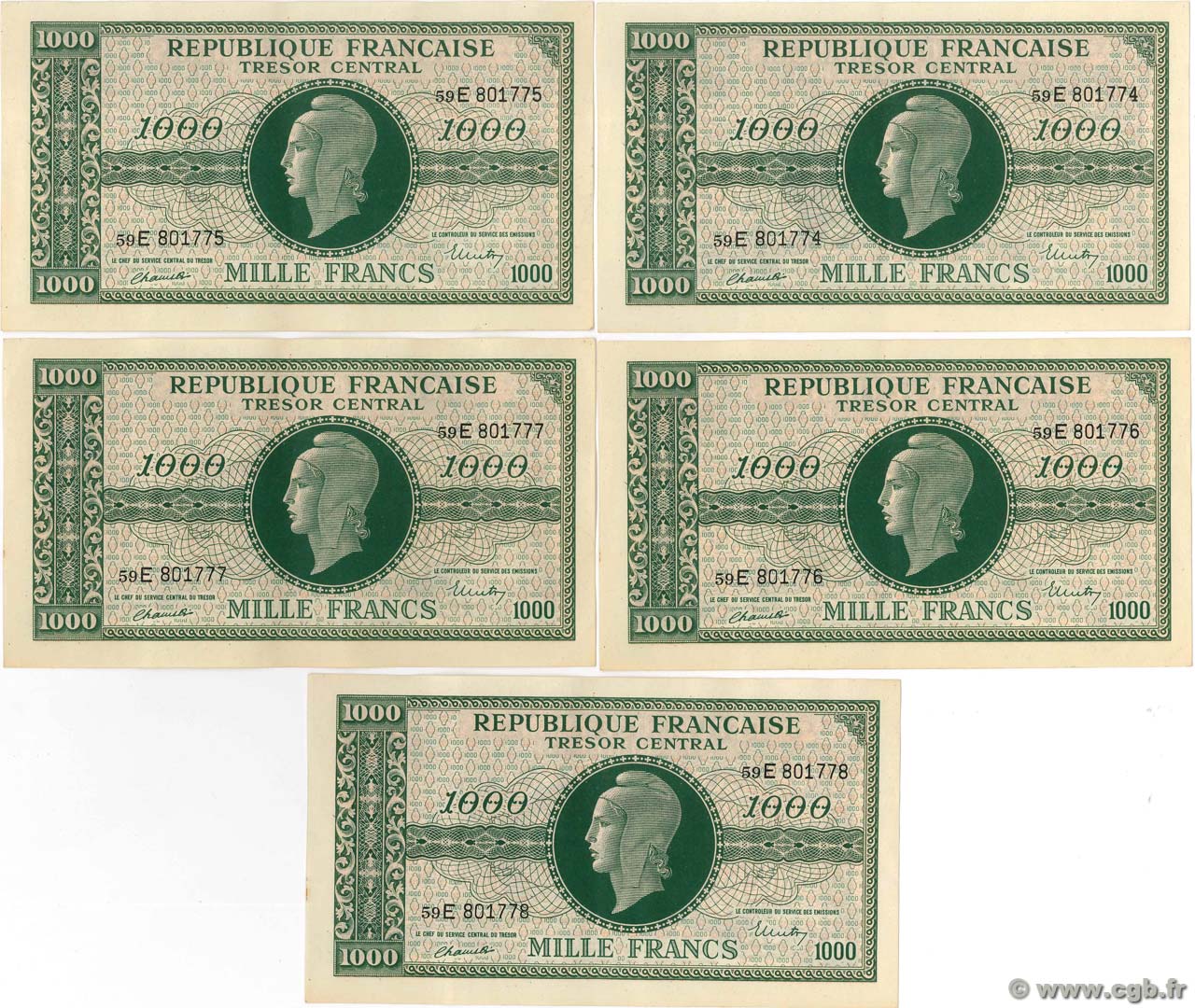 1000 Francs MARIANNE THOMAS DE LA RUE Consécutifs FRANCE  1945 VF.13.02 SUP+