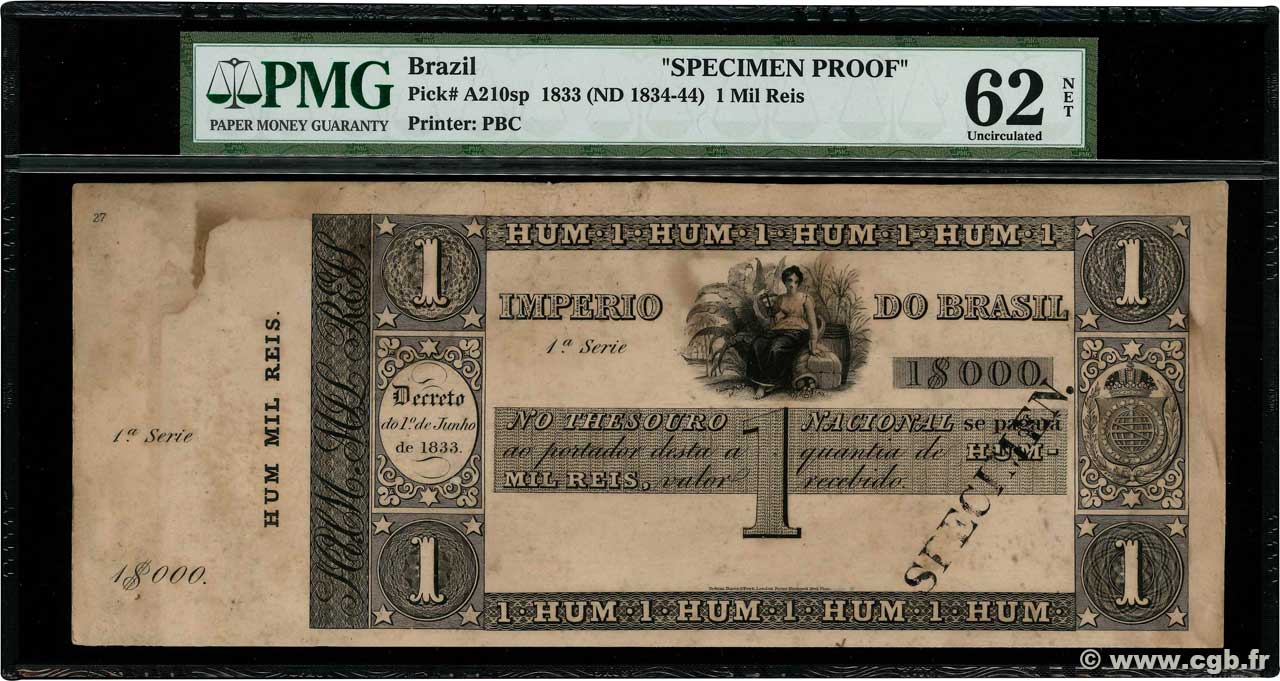 1 Mil Reis Spécimen BRAZIL  1833 P.A210s VF