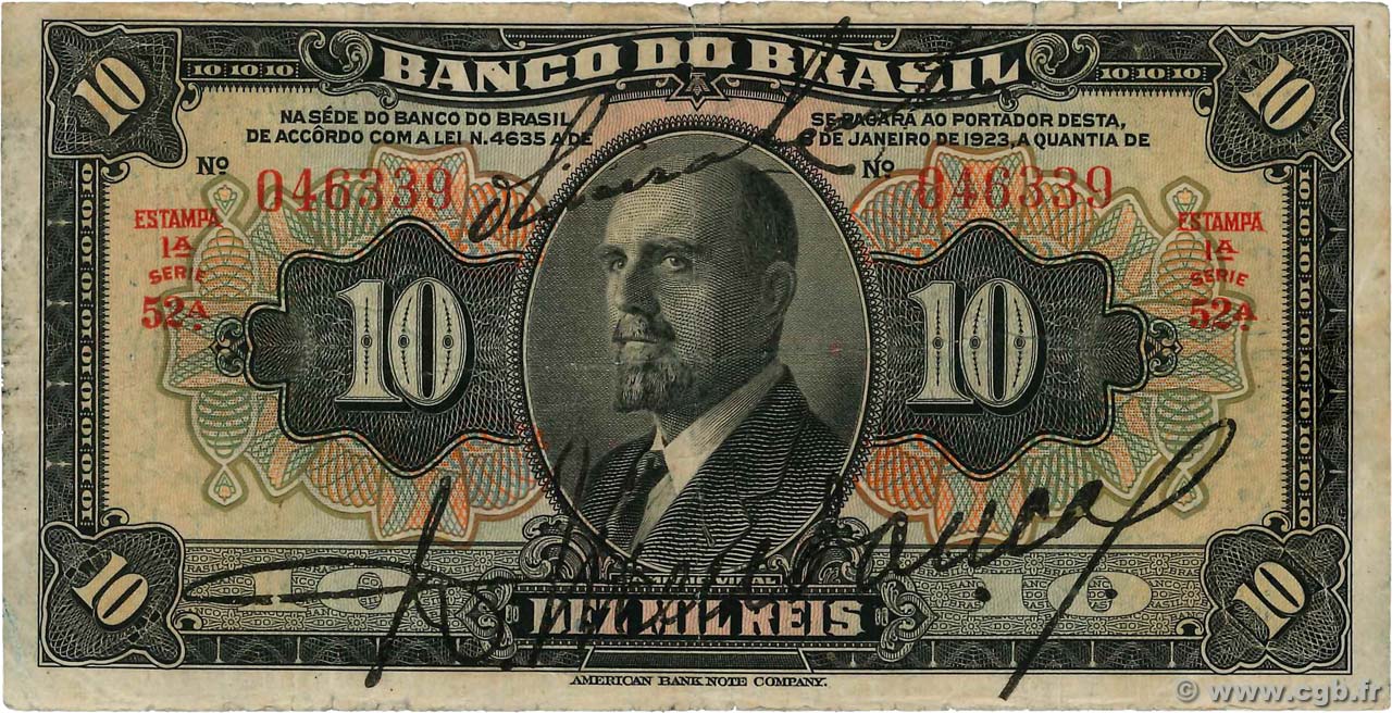 10 Mil Reis BRASIL  1923 P.114a BC+