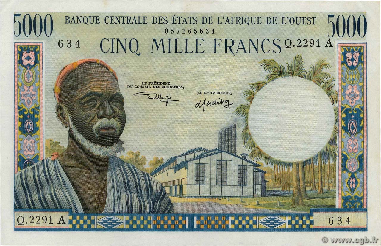 5000 Francs WEST AFRICAN STATES  1973 P.104Ai XF