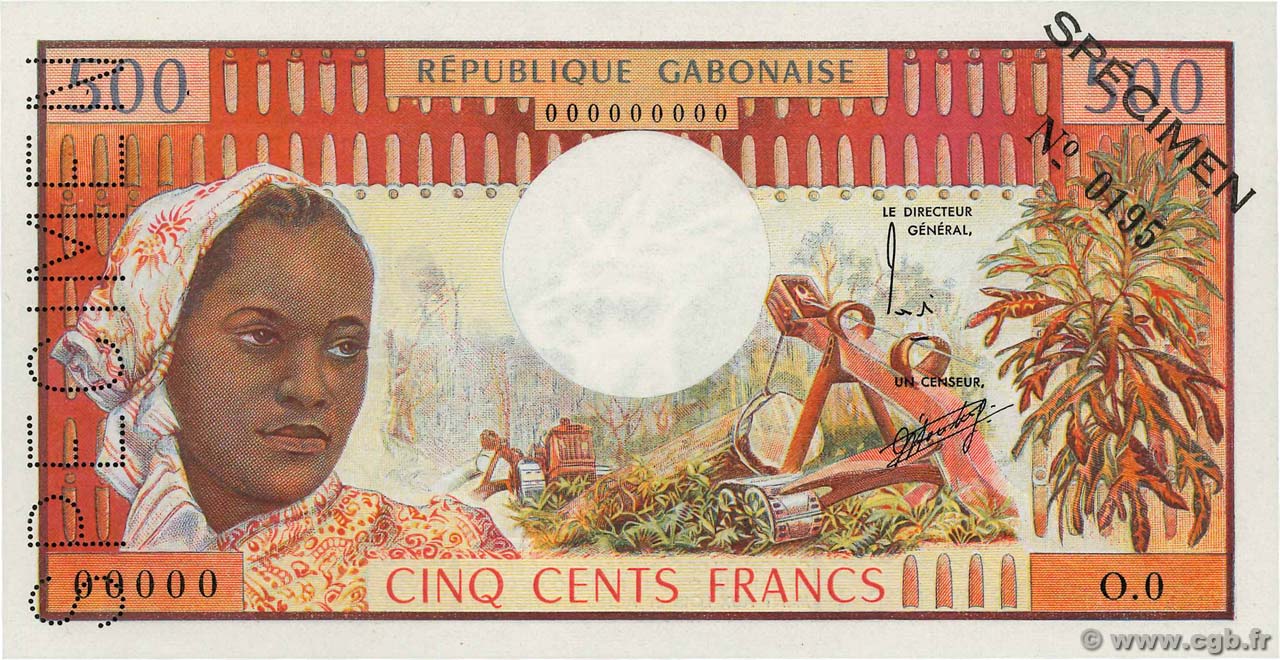 500 Francs Spécimen GABON  1974 P.02as UNC-