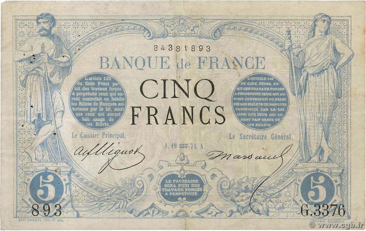 5 Francs NOIR FRANCE  1874 F.01.25 F+