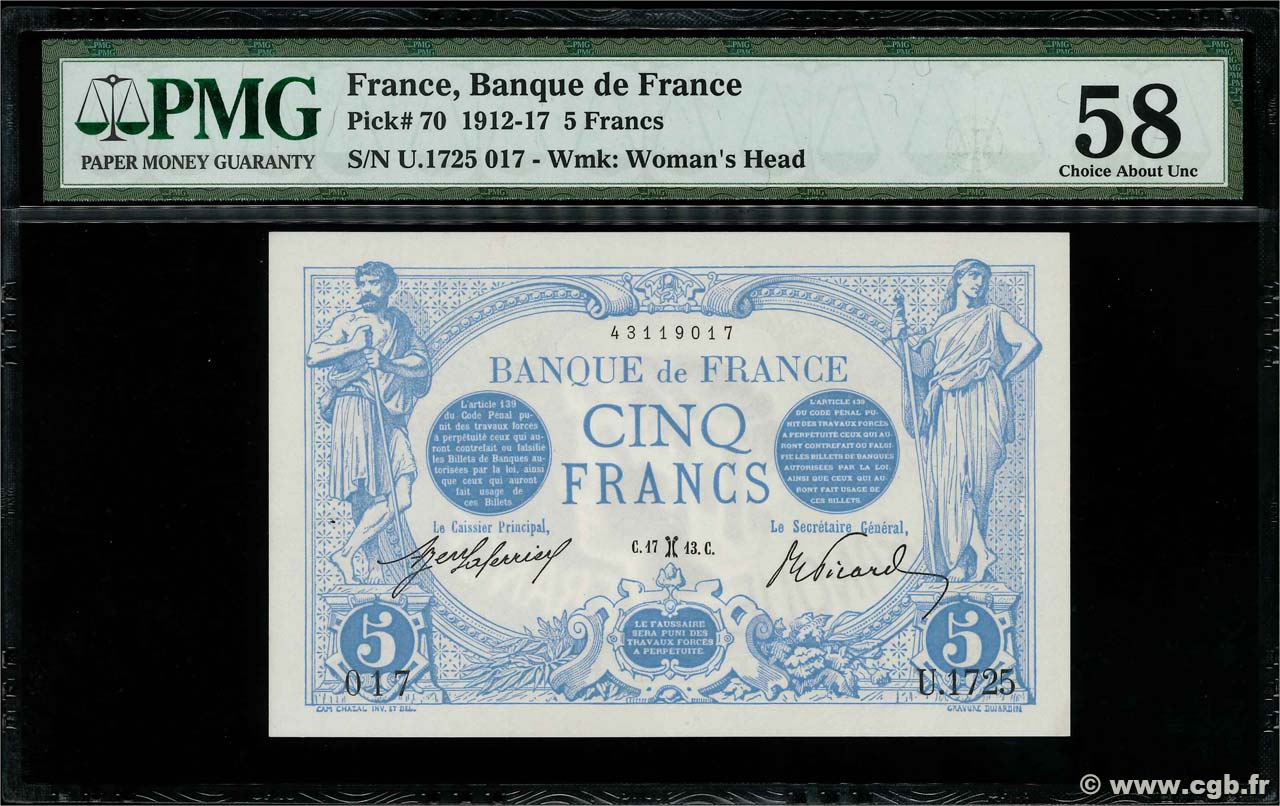 5 Francs BLEU FRANKREICH  1913 F.02.14 VZ+