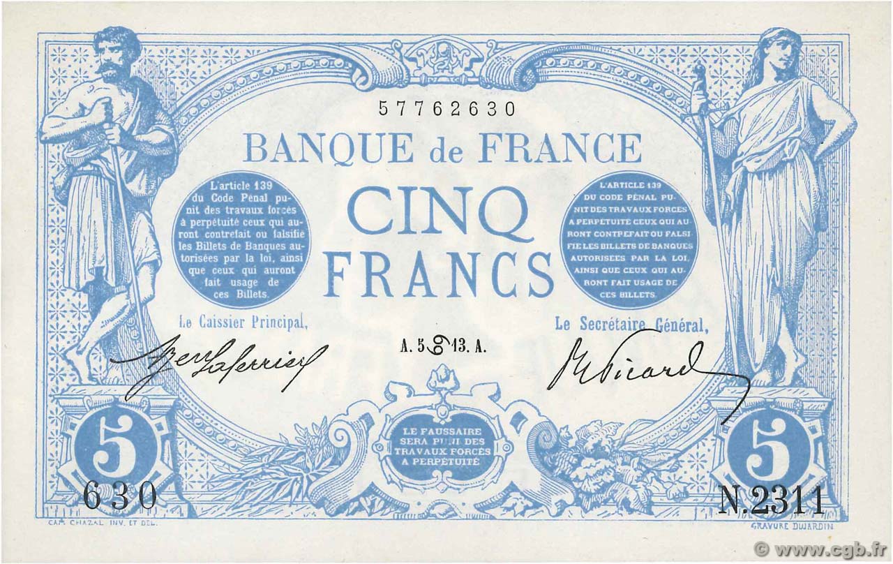 5 Francs BLEU FRANKREICH  1913 F.02.18 fST