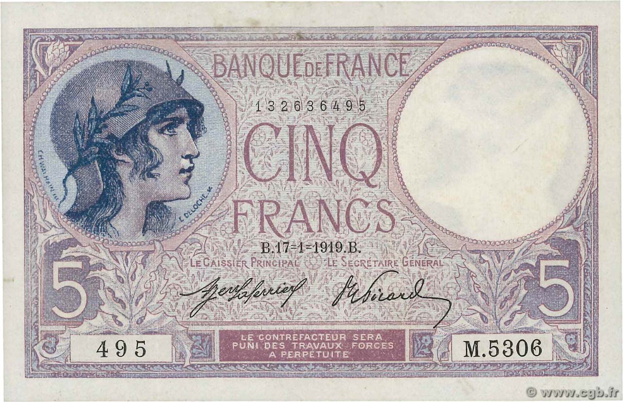 5 Francs FEMME CASQUÉE FRANCE  1919 F.03.03 XF