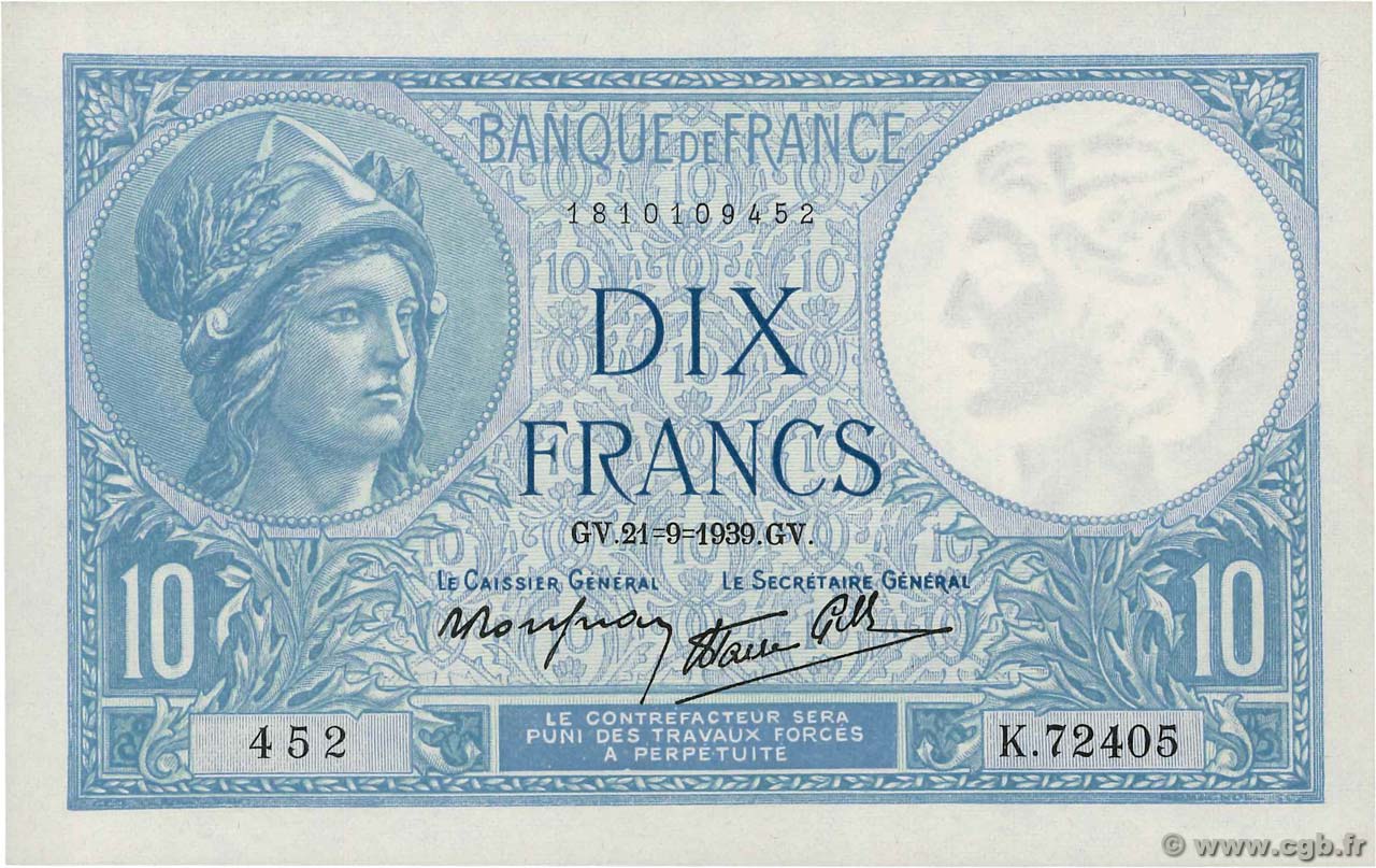 10 Francs MINERVE modifié FRANCIA  1939 F.07.08 FDC