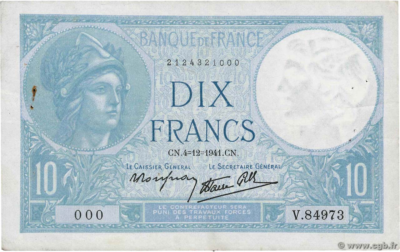 10 Francs MINERVE modifié Numéro spécial FRANKREICH  1941 F.07.30 fSS
