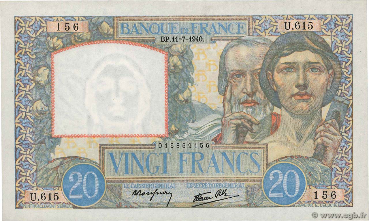 20 Francs TRAVAIL ET SCIENCE FRANCE  1940 F.12.04 AU+