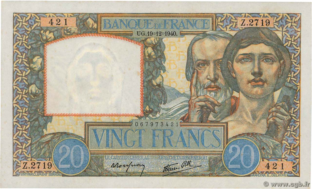 20 Francs TRAVAIL ET SCIENCE FRANCIA  1940 F.12.11 SPL+