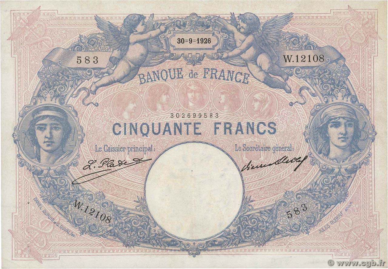 50 Francs BLEU ET ROSE FRANKREICH  1926 F.14.39 VZ