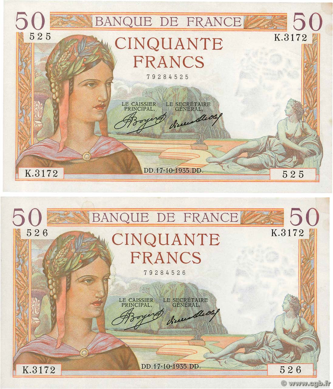 50 Francs CÉRÈS Consécutifs FRANCE  1935 F.17.18 XF