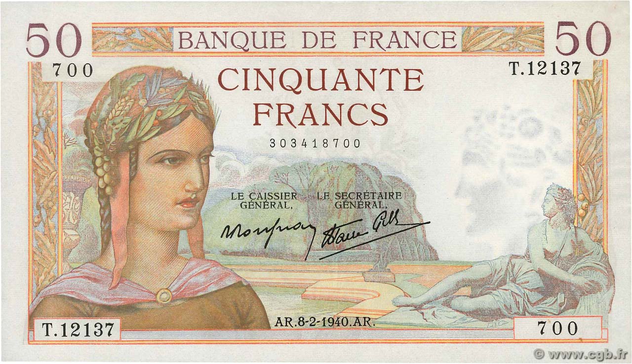 50 Francs CÉRÈS modifié FRANCE  1940 F.18.38 AU