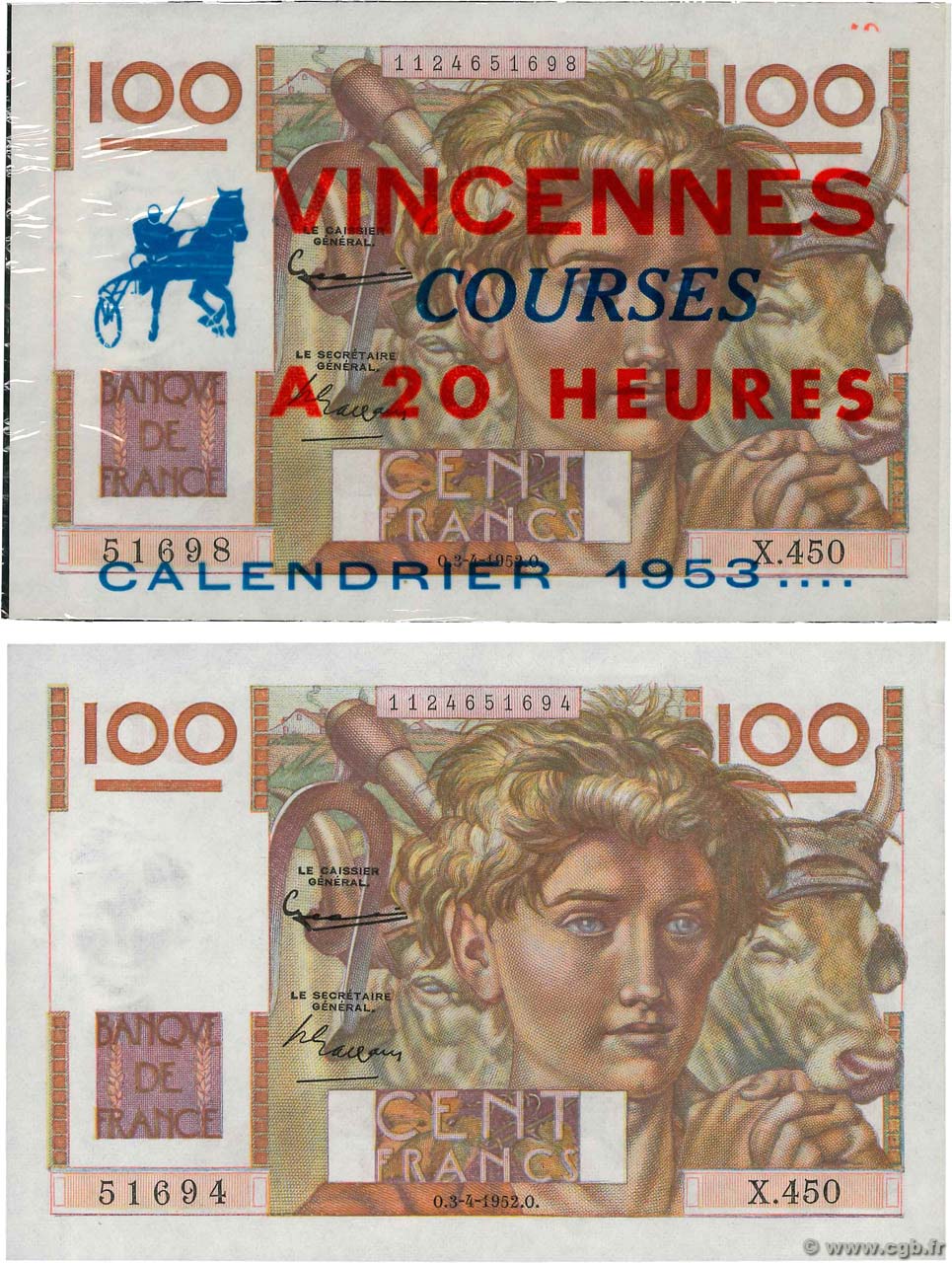 100 Francs JEUNE PAYSAN Lot FRANCE  1952 F.28.32 AU
