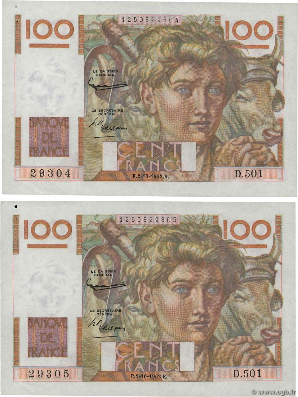 100 Francs JEUNE PAYSAN filigrane inversé Consécutifs FRANCE  1952 F.28bis.02 XF