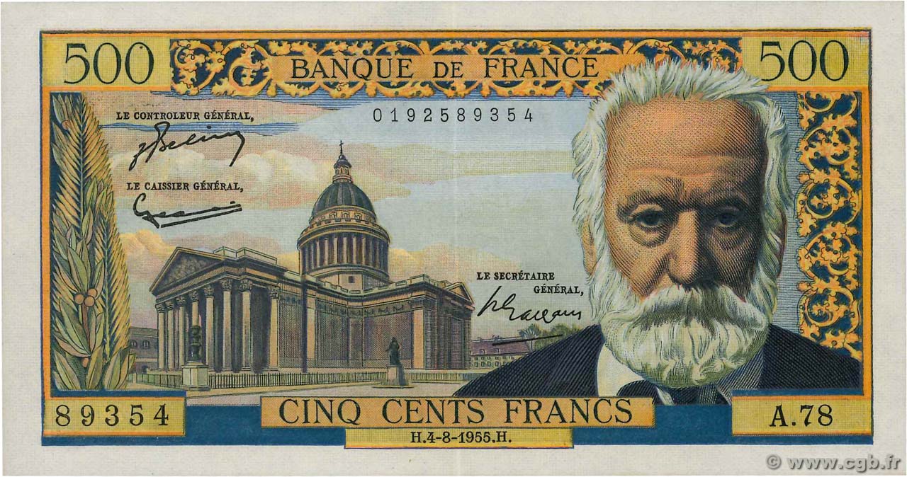 500 Francs VICTOR HUGO FRANCE  1955 F.35.05 pr.SPL