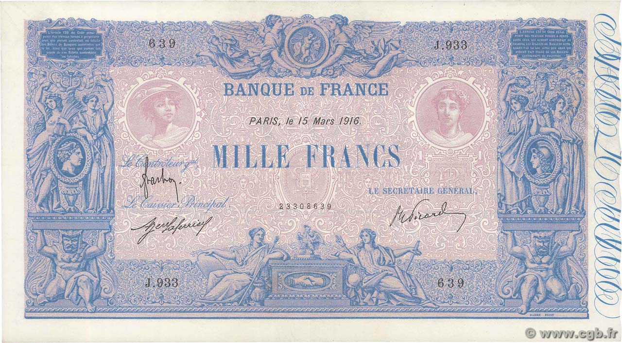 1000 Francs BLEU ET ROSE FRANCE  1916 F.36.30 XF-