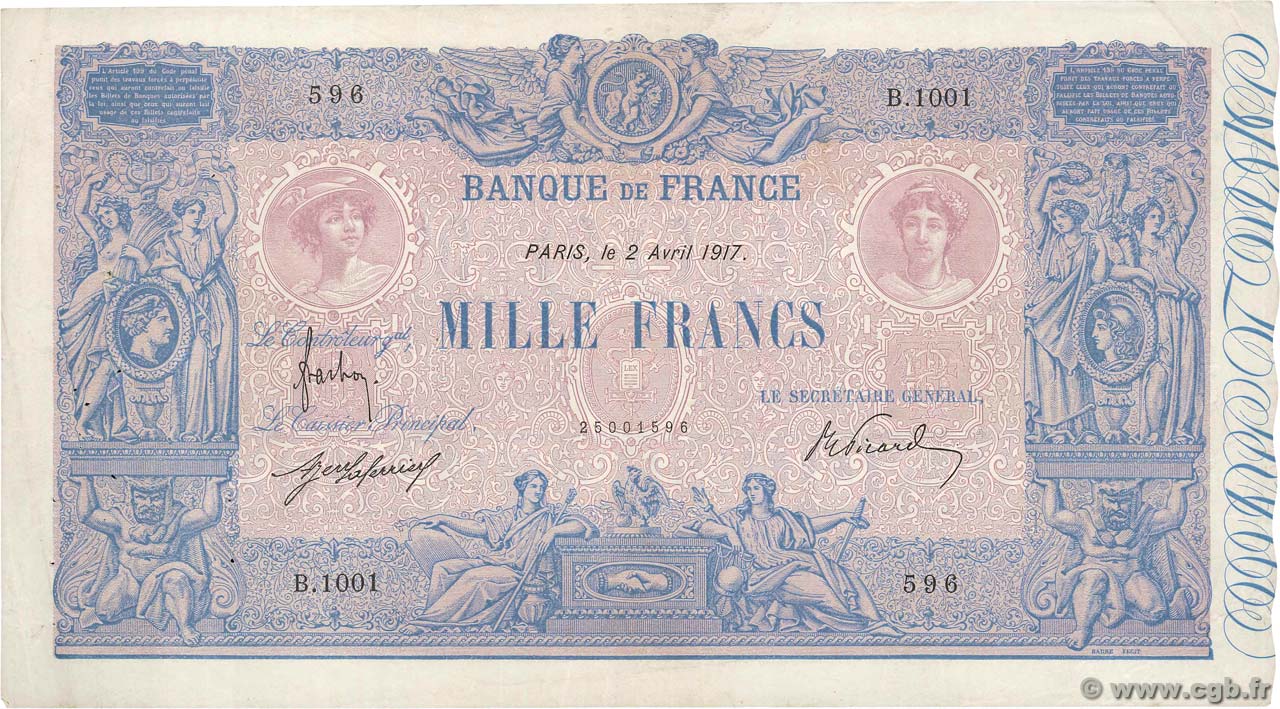 1000 Francs BLEU ET ROSE FRANCE  1917 F.36.31 VF-
