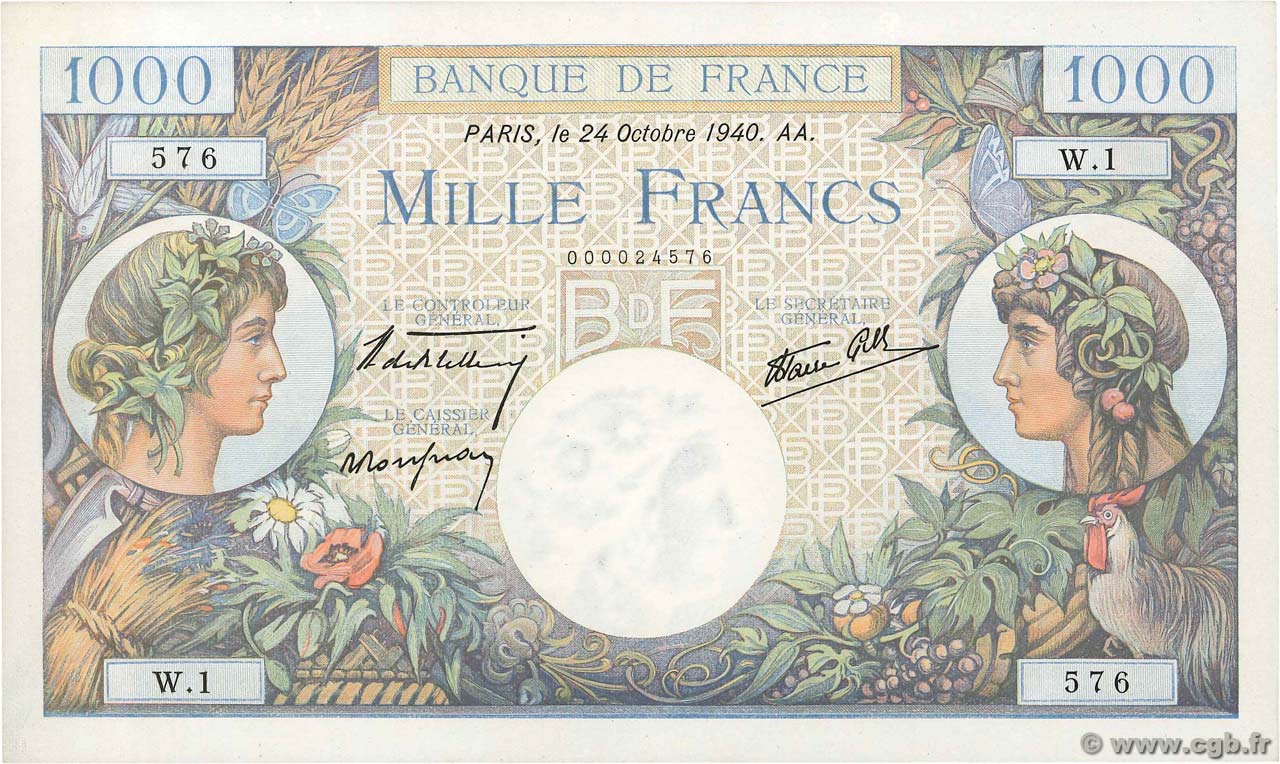 1000 Francs COMMERCE ET INDUSTRIE Petit numéro FRANCIA  1940 F.39.01 FDC