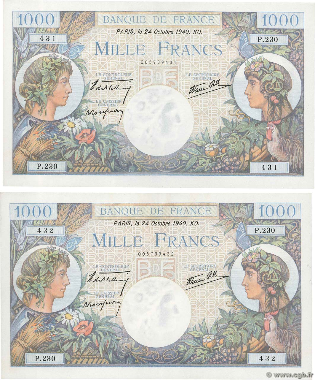 1000 Francs COMMERCE ET INDUSTRIE Consécutifs FRANKREICH  1940 F.39.01 fST