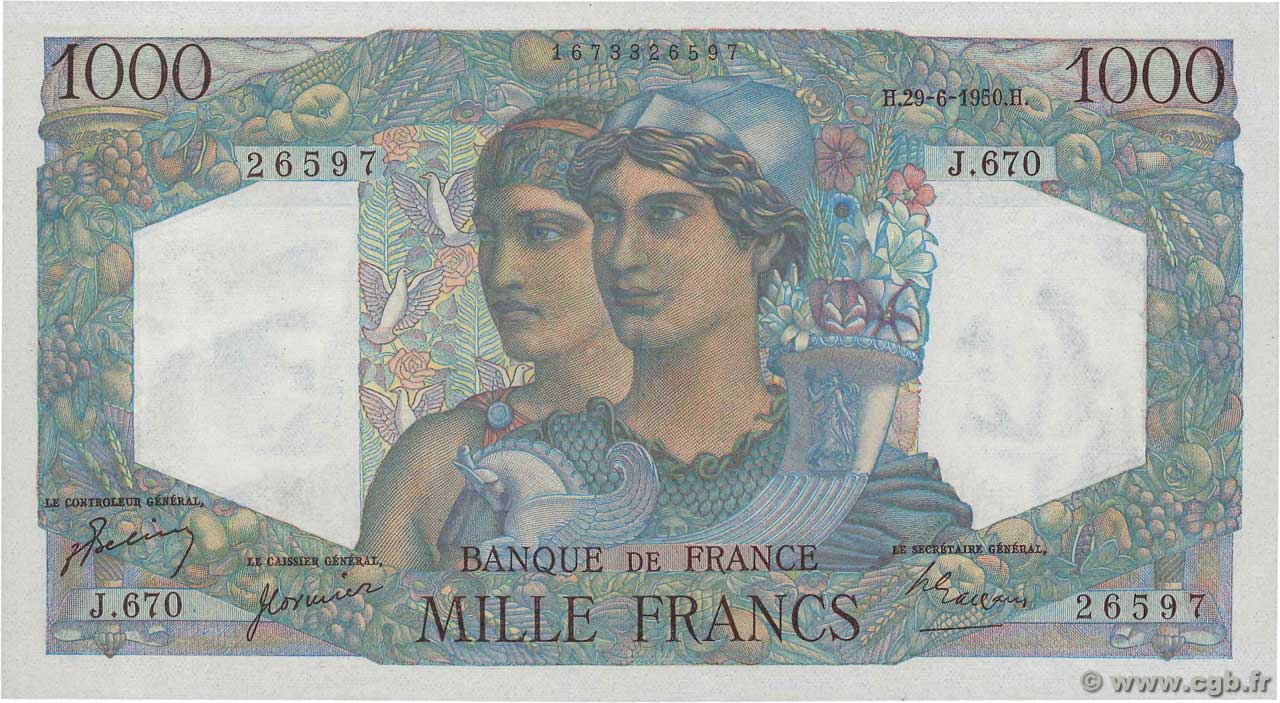 1000 Francs MINERVE ET HERCULE FRANCE  1950 F.41.33 AU