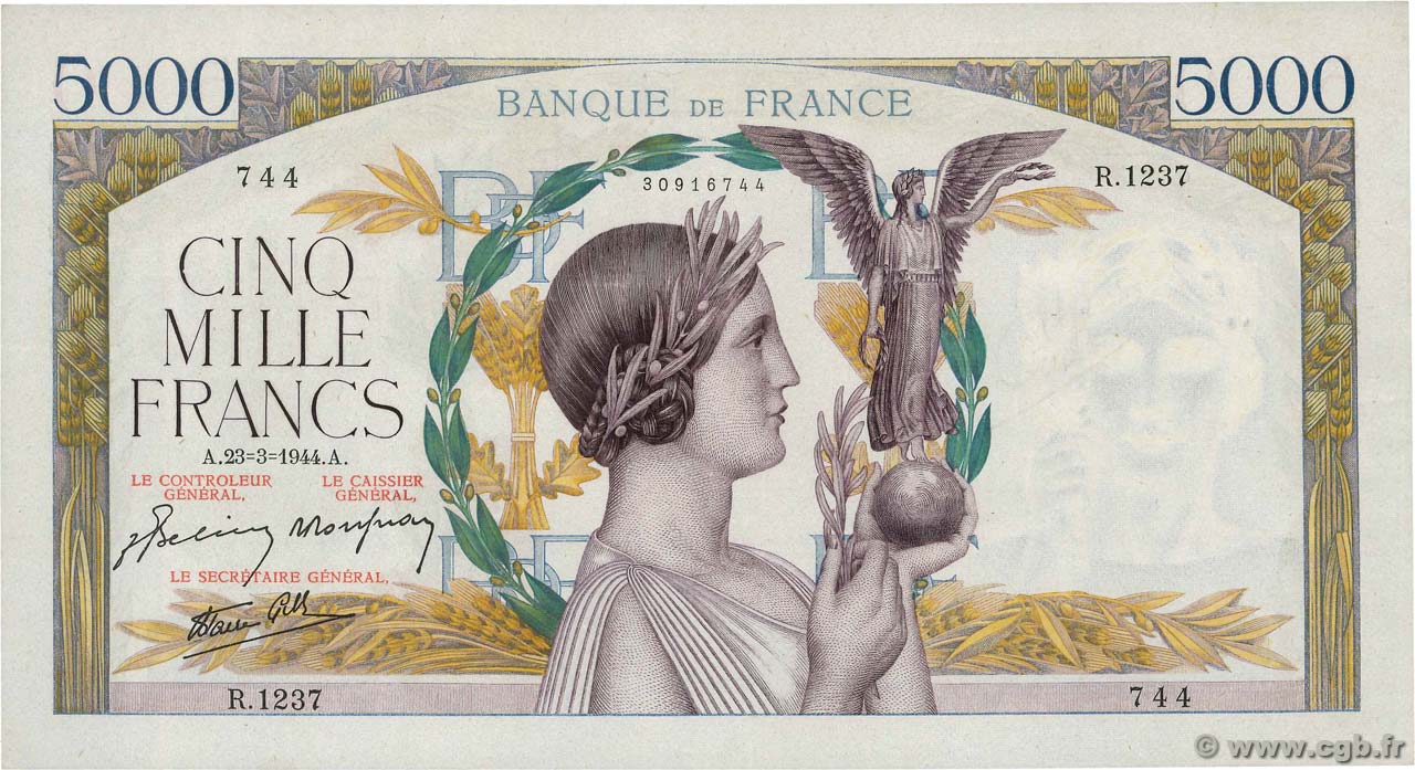 5000 Francs VICTOIRE Impression à plat FRANCE  1944 F.46.50 XF