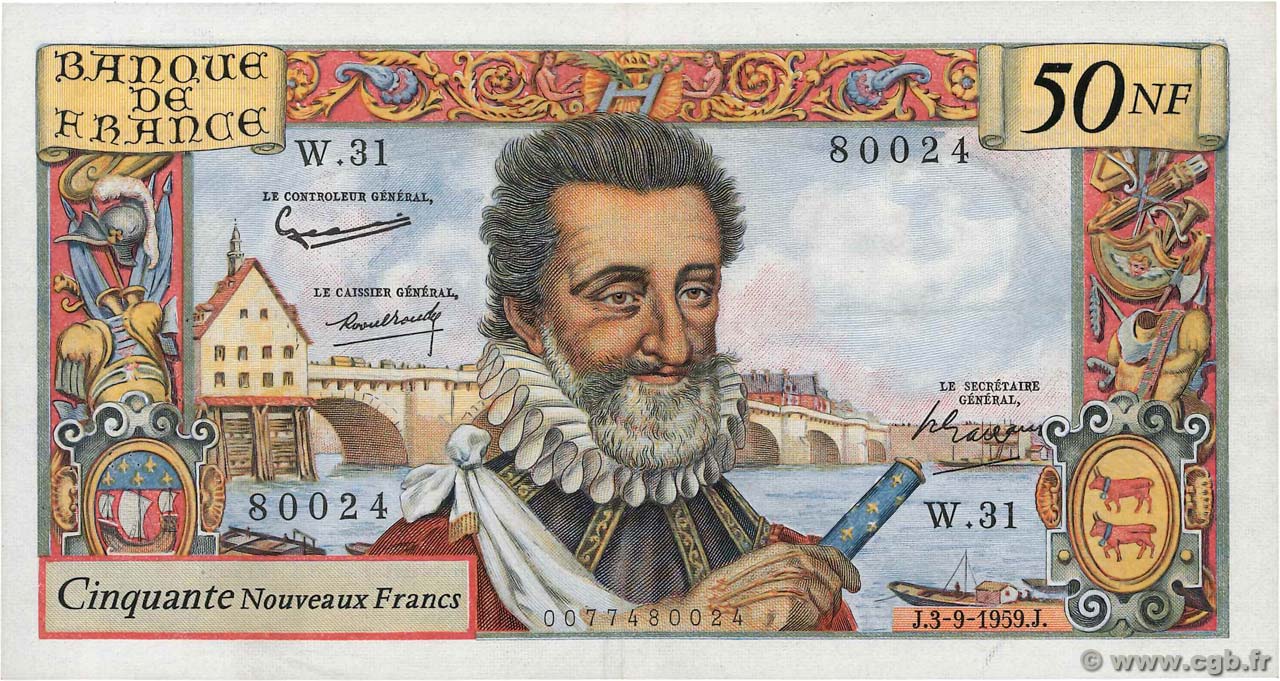 50 Nouveaux Francs HENRI IV FRANCE  1959 F.58.03 VF+